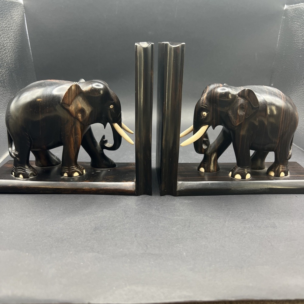 Vintage Hand Carved Nacassar Ebony Elephant Bookends Sliding Dovetail Pair Heavy